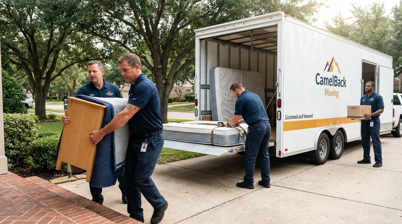 Crew loading residential truck for cross-state move from Beloit, WI