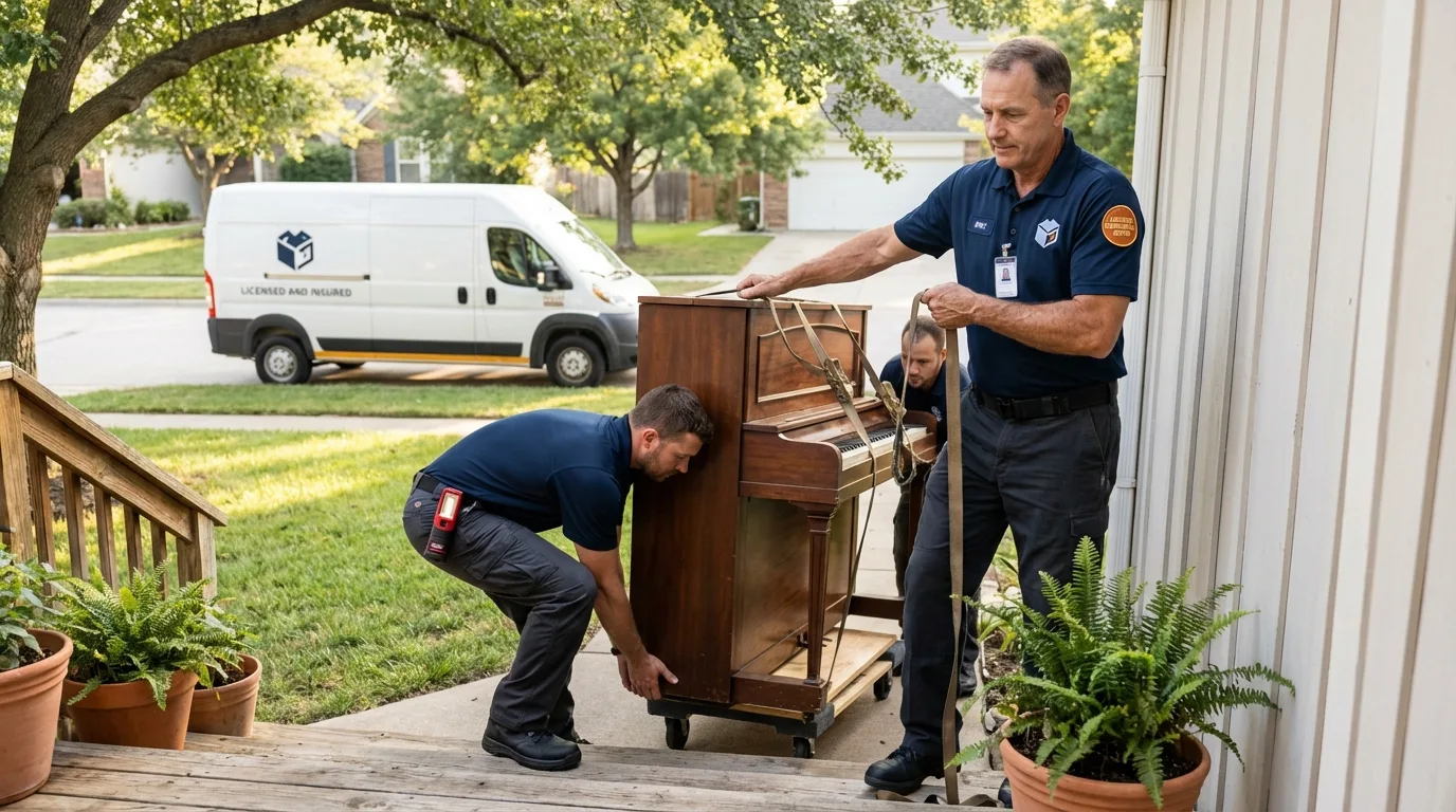 Licensed piano movers securing grand piano in Beloit, WI