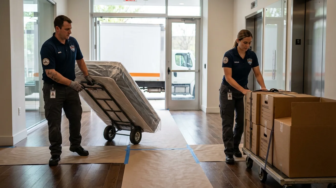 Professional apartment movers loading elevator in Beloit, WI