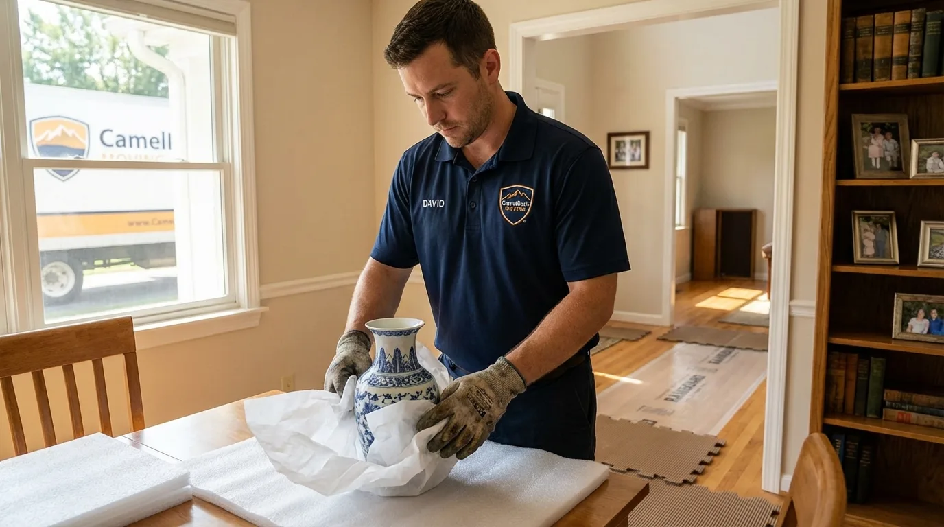 Professional crew carefully wrapping antique vase for senior downsizing move in Beloit, WI